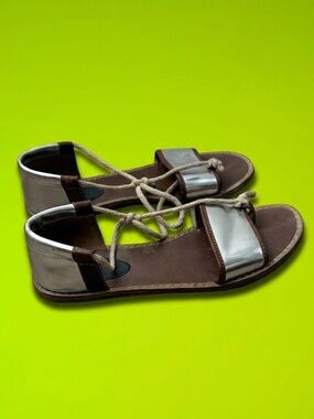 Marni Silver and Brown Leather Lace-Up Sandals